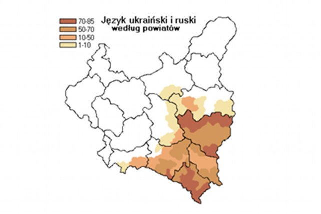 Ilustracja przedstawiająca regiony II RP gdzie dominowały języki Ukraiński i Ruski
