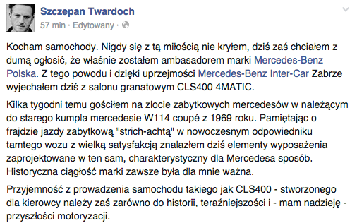Pisarz poinformował o tym, że został ambasadorem marki Mercedes-Benz Polska na swoim profilu społecznościowym.
