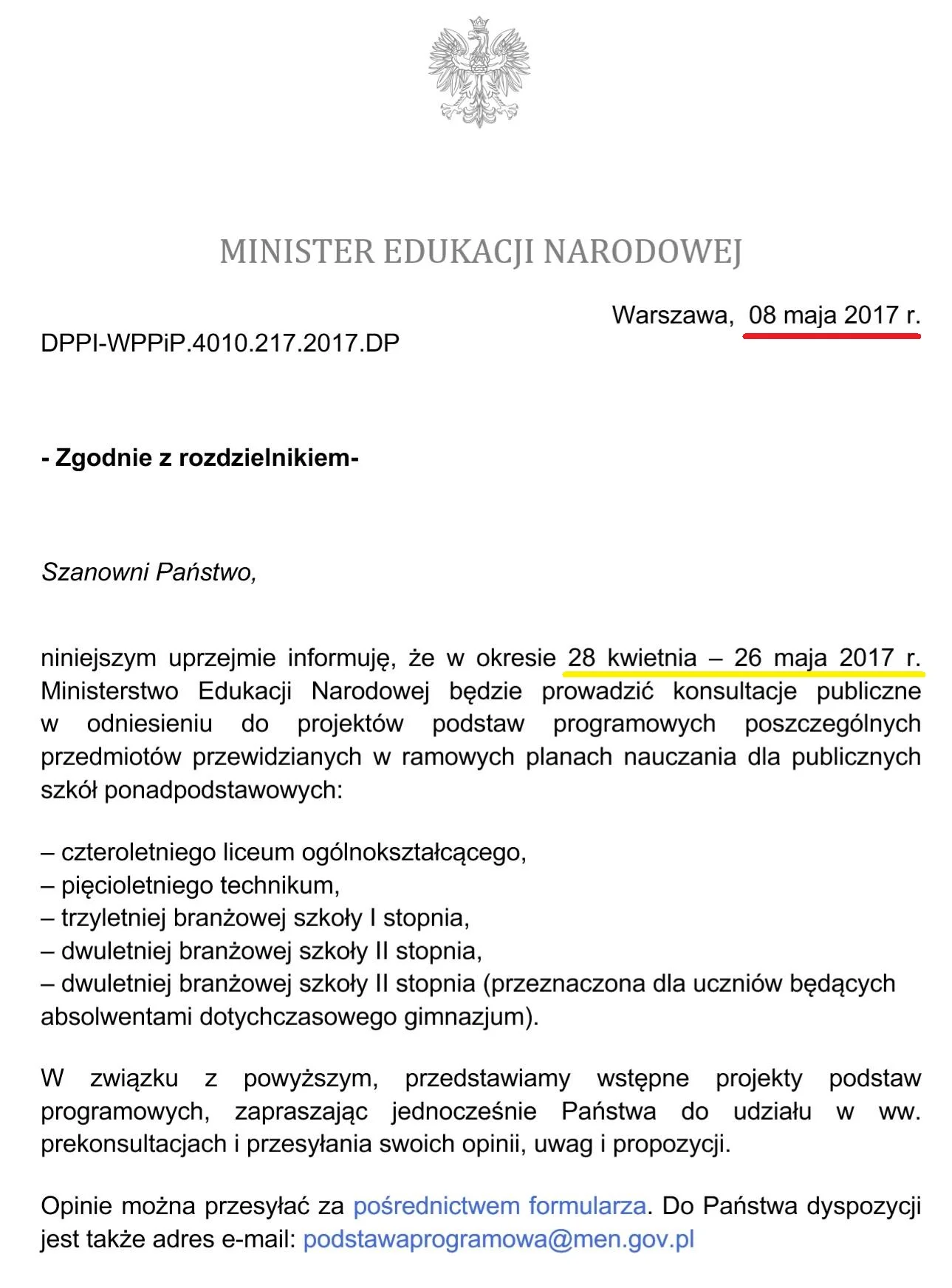 Pismo MEN do organizacji edukacyjnych ws. rozpoczęcia konsultacji projektów podstaw programowych z dnia 08.05.2017r.