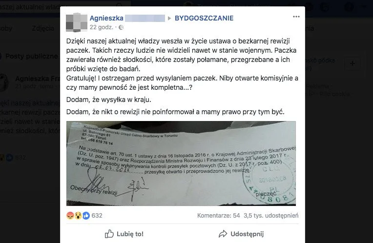 Mieszkanka Bydgoszczy otrzymała paczkę po rewizji służb celno - skarbowych. Jej wpis na Facebooku wywołał wiele emocji.