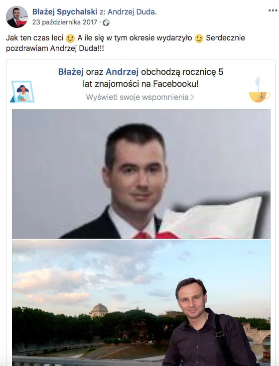 Przed rokiem Błażej Spychalski chwalił się 5-letnią znajomością na Facebooku z Andrzejem Dudą. Wkrótce ma zostać rzecznikiem prezydenta.