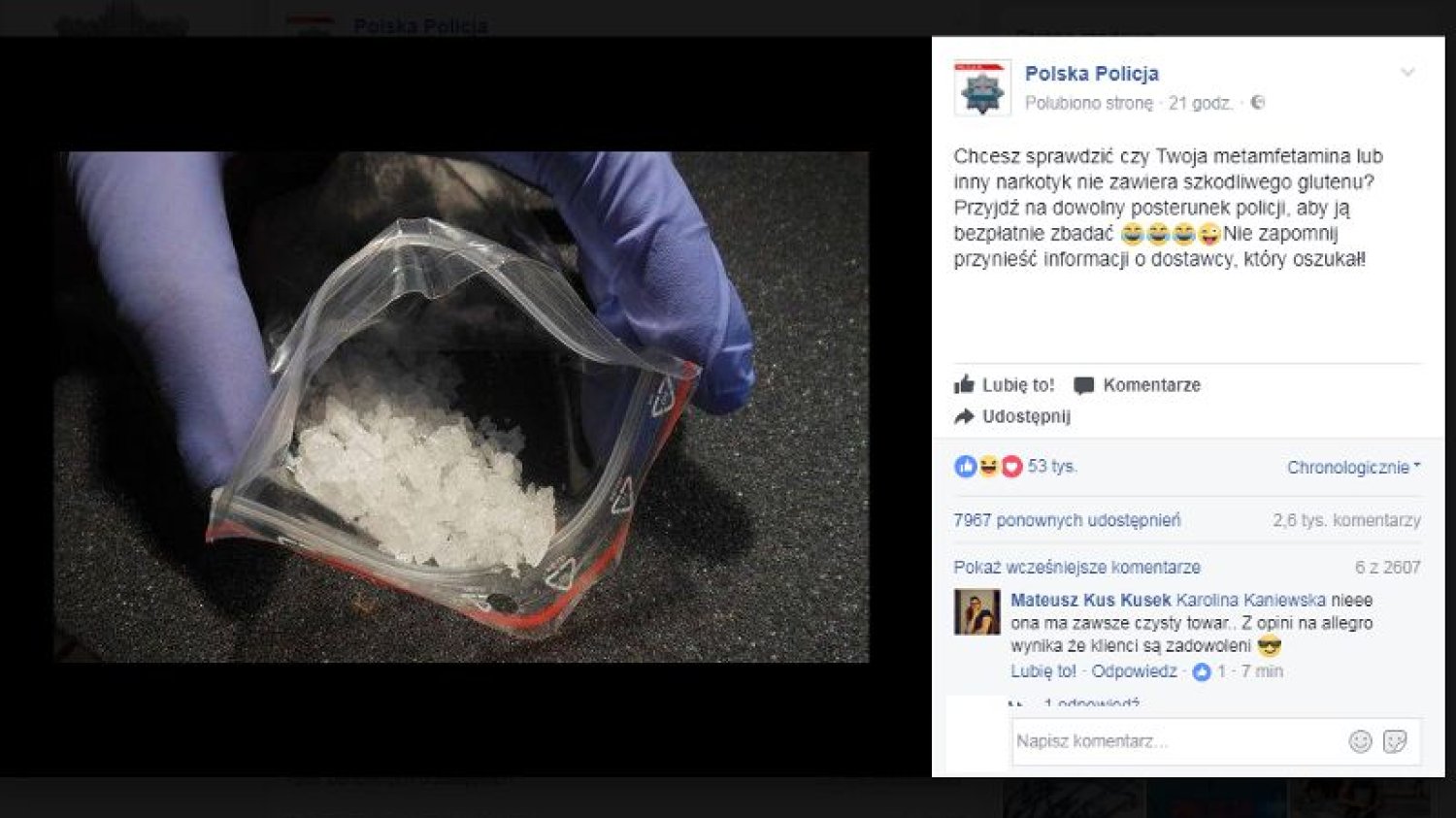 "Chcesz sprawdzić czy Twoja metamfetamina lub inny narkotyk nie zawiera szkodliwego glutenu? Przyjdź na dowolny posterunek policji, aby ją bezpłatnie zbadać" - post na Facebooku policji robi furorę.