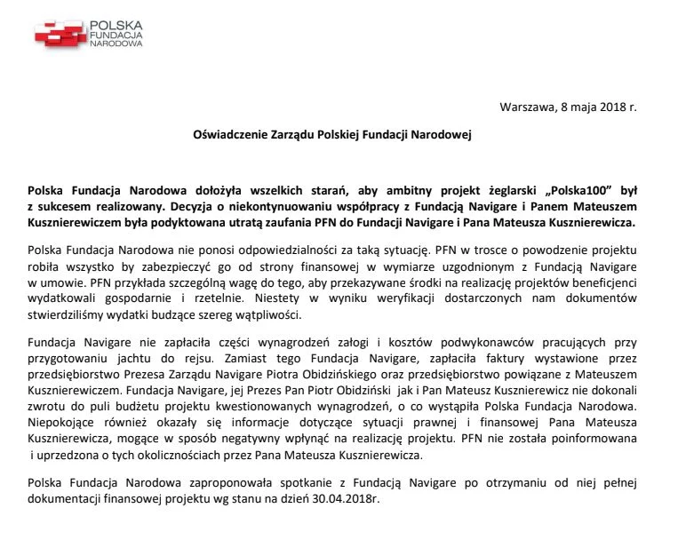 Oświadczenie PFN w sprawie projektu "Polska 100".