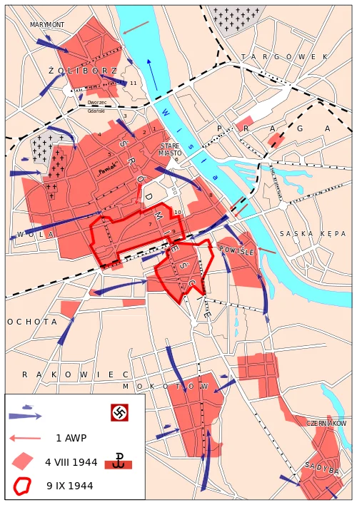 Mapa przedstawiająca walki powstańców w dniach 1 sierpnia - 2 październik 1944 r.
