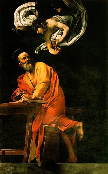 Św. Mateusz i anioł, Caravaggio, 1602, olej na płótnie, Kościół św. Ludwika Króla Francji w Rzymie