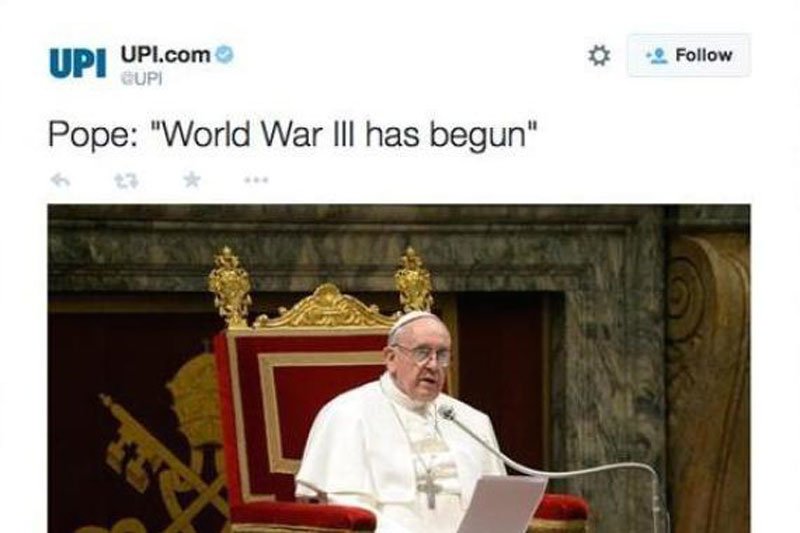 Cytat z papież Franciszka donoszącego o wybuchu III wojny światowej na przejętym koncie agencji UPI.