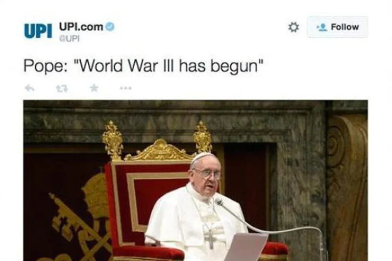 Cytat z papież Franciszka donoszącego o wybuchu III wojny światowej na przejętym koncie agencji UPI.