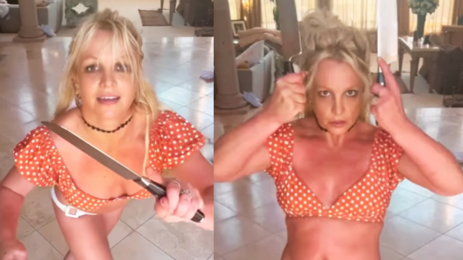 Britney Spears tańczy z nożami, w tle psy. Fani martwią się o stan gwiazdy