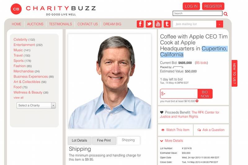 We wtorek dobiega końca aukcja, której przedmiotem jest możliwość spotkania z Timem Cookiem, szefem Apple’a. Aby wygrać, trzeba wyłożyć co najmniej 600 tys. dolarów