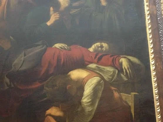 Fragment obrazu Caravaggia, "Śmierć Marii", Luwr