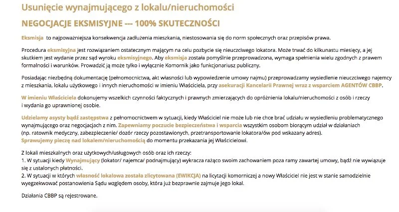 Jedną z wielu usług świadczonych przez Centralne Biuro Bezpieczeństwa Personalnego jest usuwanie wynajmującego z lokalu/nieruchomości.