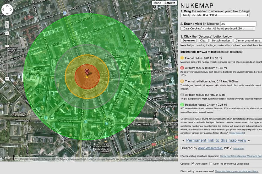 Zrzut ekranu aplikacji NUKEMAP