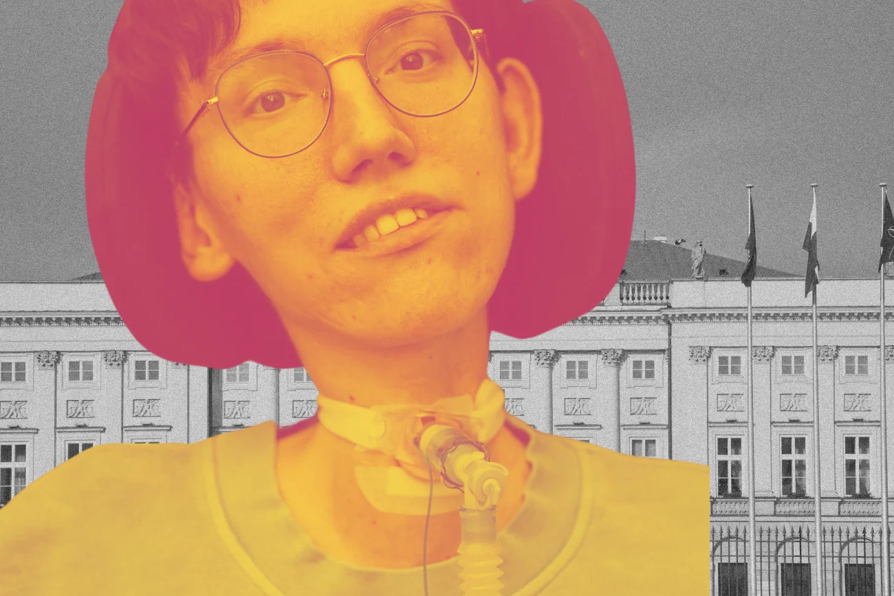 Wojtek Sawicki z Life on Wheelz będzie głosować w wyborach prezydenckich 2025, choć nie może się ruszać. Wojtek Sawicki z Life on Wheelz. W tle montażu Pałac Prezydencki.