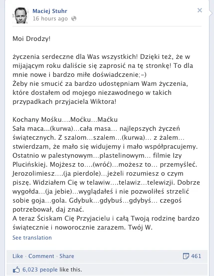 Życzenia od Maćka Stuhra, które robią furorę na Facebooku
