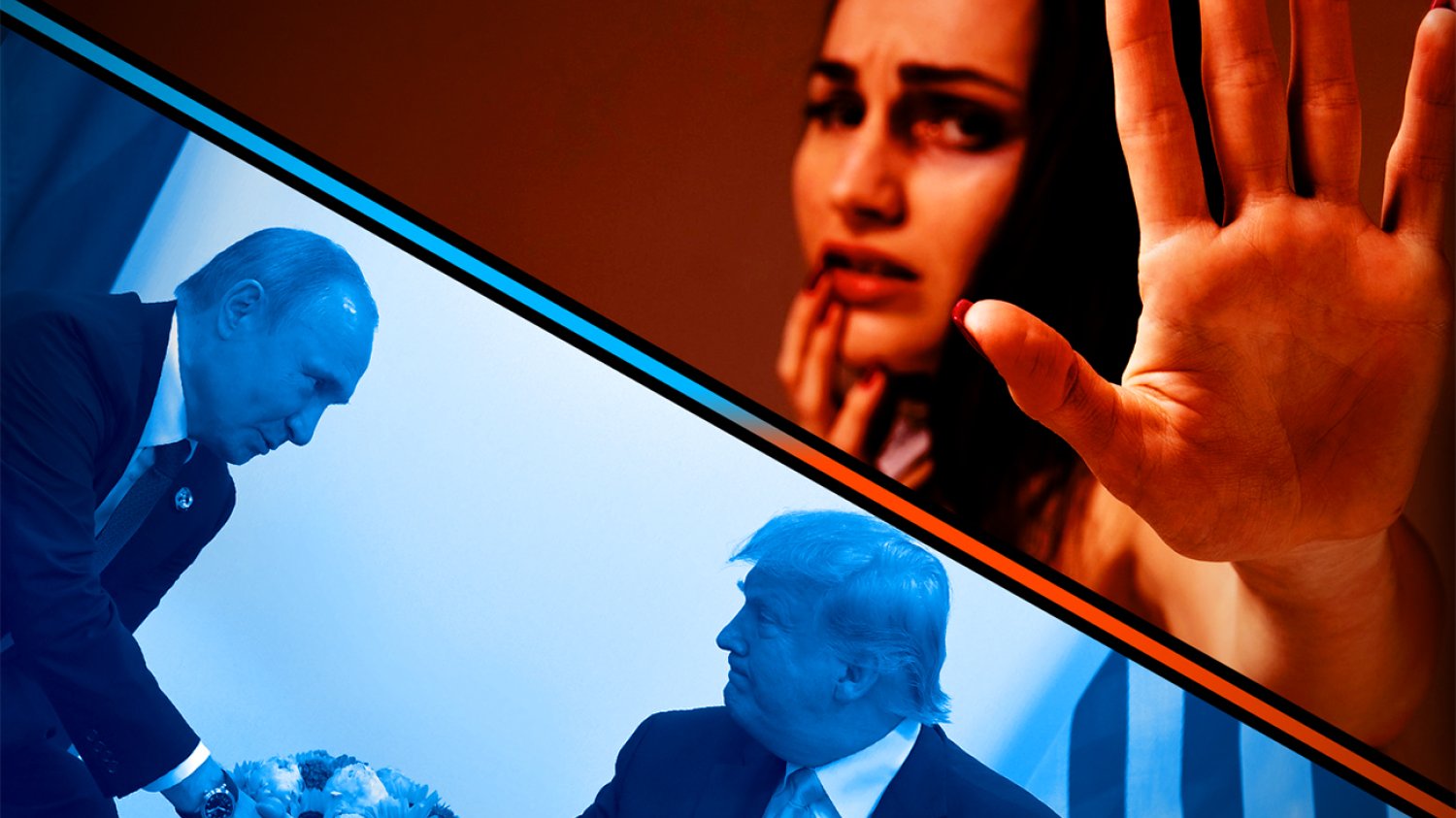 Rozmowa Trumpa z Putinem, zmiana definicji gwałtu, uchylenie wyroku na kobietę za pomoc w aborcji oraz skandaliczne słowa wiceministry zdrowia – to się działo w tym tygodniu. Grafika do sklejka dwóch zdjęć. Pierwsze przedstawia kobietę wyciągającą rękę w geście sprzeciwu. Drugie Donalda Trumpa i i Władimira Putina, którzy ściskają sobie dłonie.