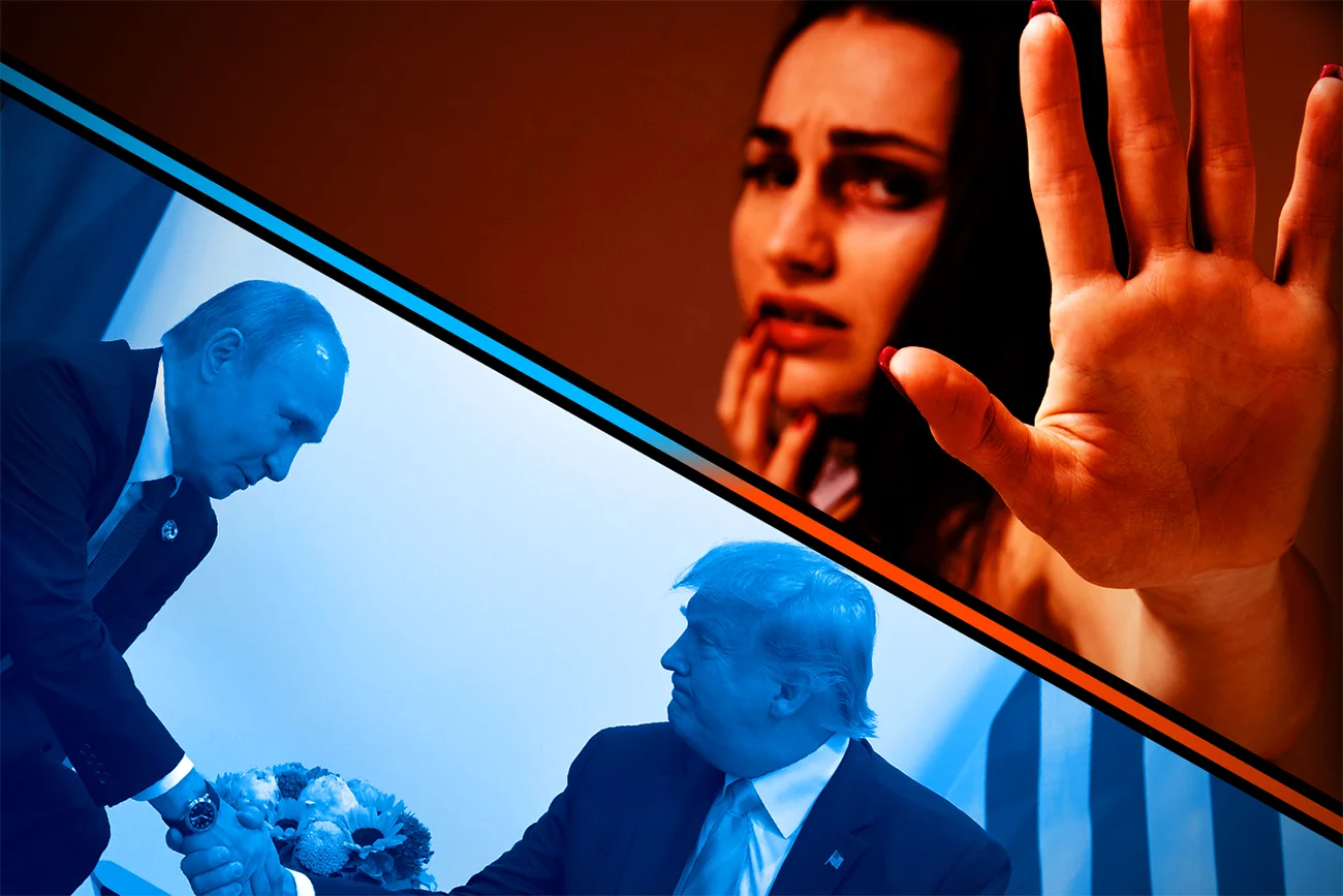 Rozmowa Trumpa z Putinem, zmiana definicji gwałtu, uchylenie wyroku na kobietę za pomoc w aborcji oraz skandaliczne słowa wiceministry zdrowia – to się działo w tym tygodniu. Grafika do sklejka dwóch zdjęć. Pierwsze przedstawia kobietę wyciągającą rękę w geście sprzeciwu. Drugie Donalda Trumpa i i Władimira Putina, którzy ściskają sobie dłonie.
