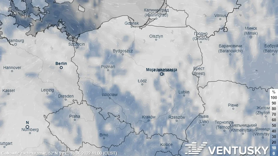 Prognoza pogody na czwartek - mapa zachmurzenia