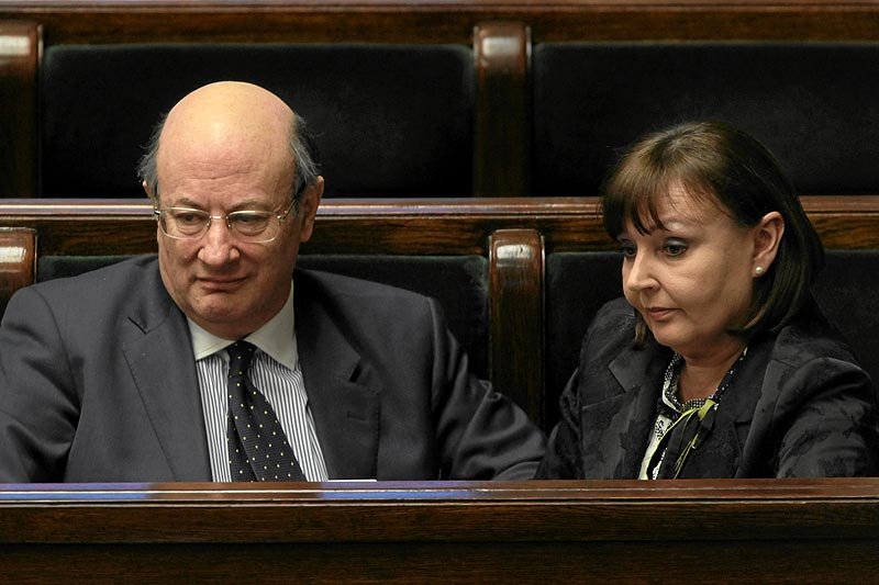 Marzec 2011. Minister finansów Jacek Rostowski i ówczesna minister pracy Jolanta Fedak podczas debaty ws. OFE.