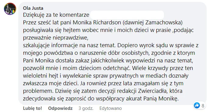 Aleksandra Justa zareagowała na komentarze.