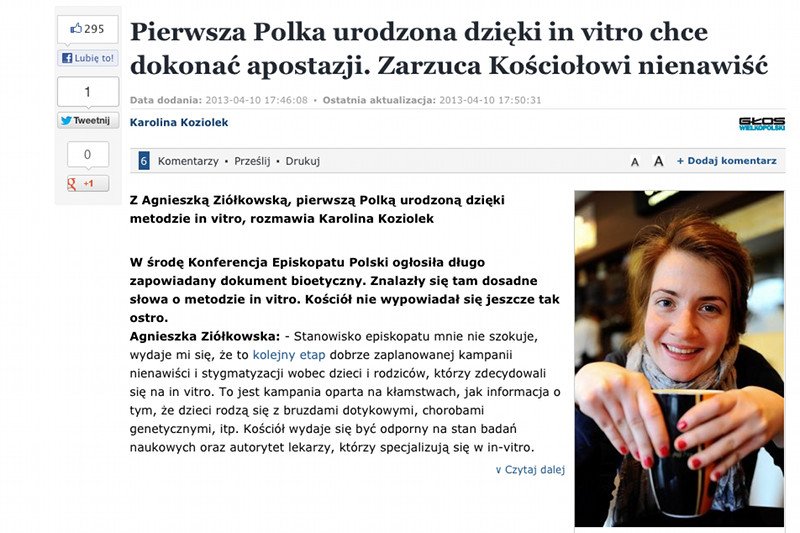Agnieszka Ziółkowska, pierwsza Polka urodzona dzięki metodzie in vitro krytykuje niedawny dokument Episkopatu i twierdzi, że Kościół nawołuje do nienawiści.