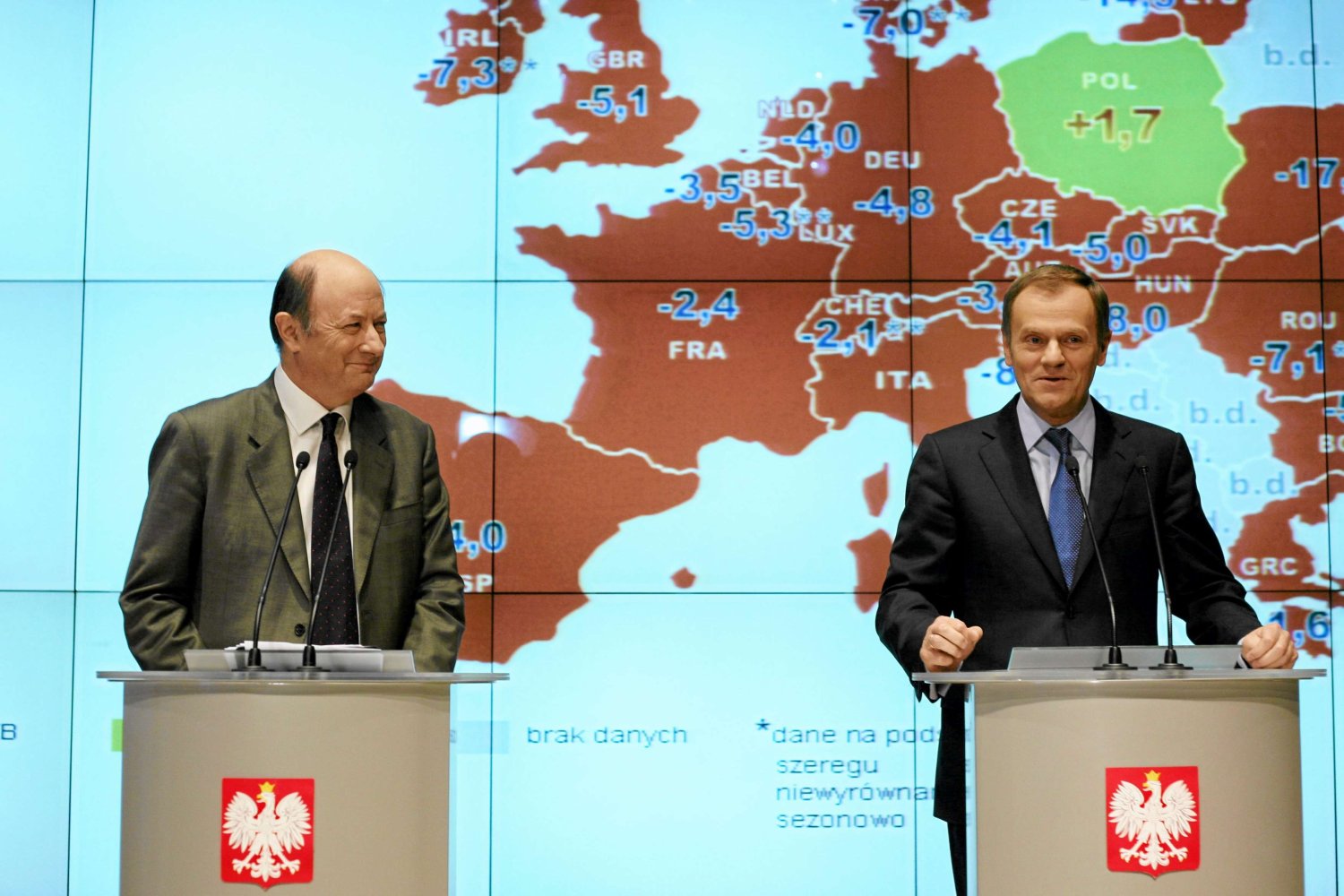 Minister finansów Jacek Rostowski i premier Donald Tusk podczas konferencji prasowej na temat polskiego wzrostu gospodarczego, 2009 rok.
