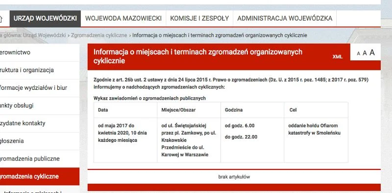 Informacja o miejscach i terminach zgromadzeń organizowanych cyklicznie