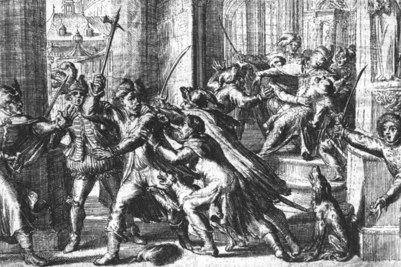 Grafika przedstawiająca zamach na króla Zygmunta III Wazę, 15 listopada 1620 roku w Warszawie.