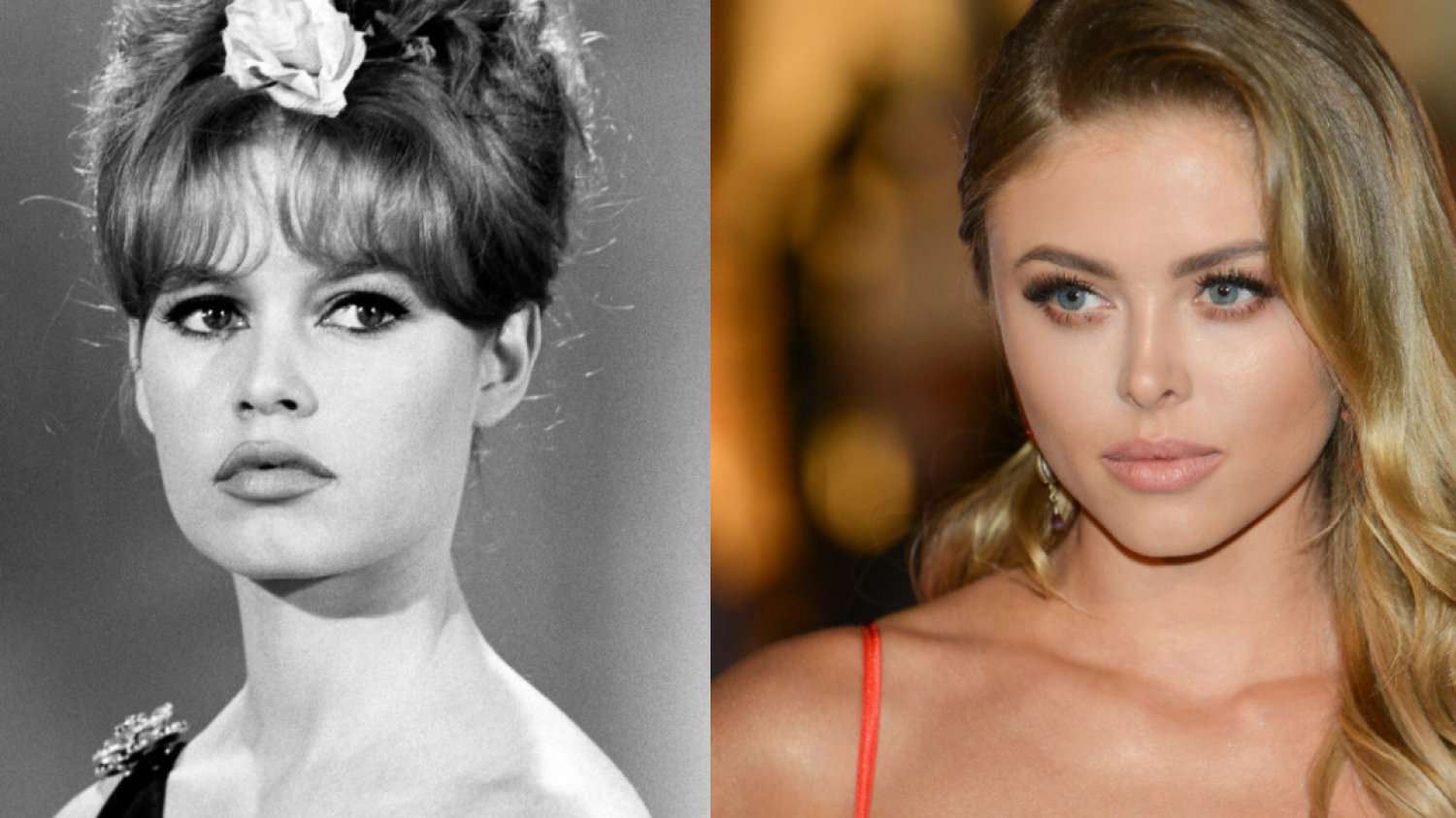 Od lewej: Brigitte Bardot w wieku 27 lat na planie filmu "Kłopotliwa narzeczona" i Joanna Opozda w wieku 29 lat (2017)