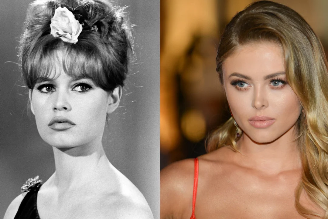 Od lewej: Brigitte Bardot w wieku 27 lat na planie filmu "Kłopotliwa narzeczona" i Joanna Opozda w wieku 29 lat (2017)