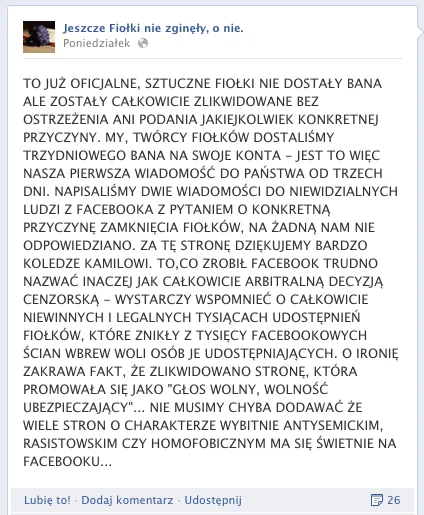 Oświadczenie Sztucznych Fiołków po usunięciu strony