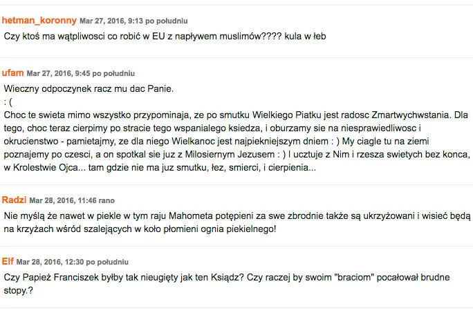 Komentarze pod tekstem o ukrzyżowaniu księdza