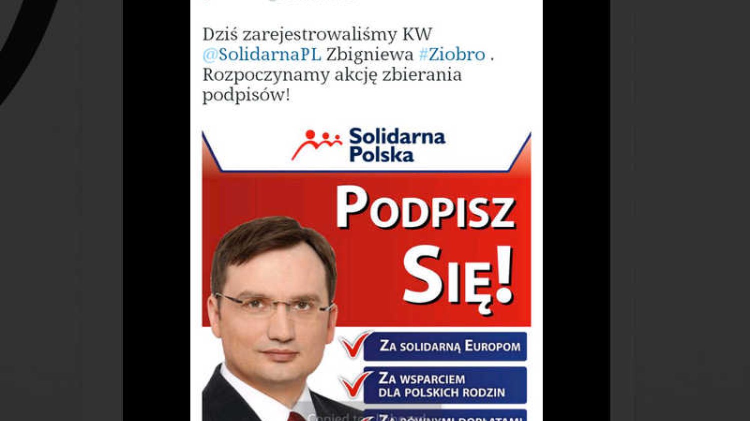 Plakat Solidarnej Polski – "Podpisz się za solidarną Europom".