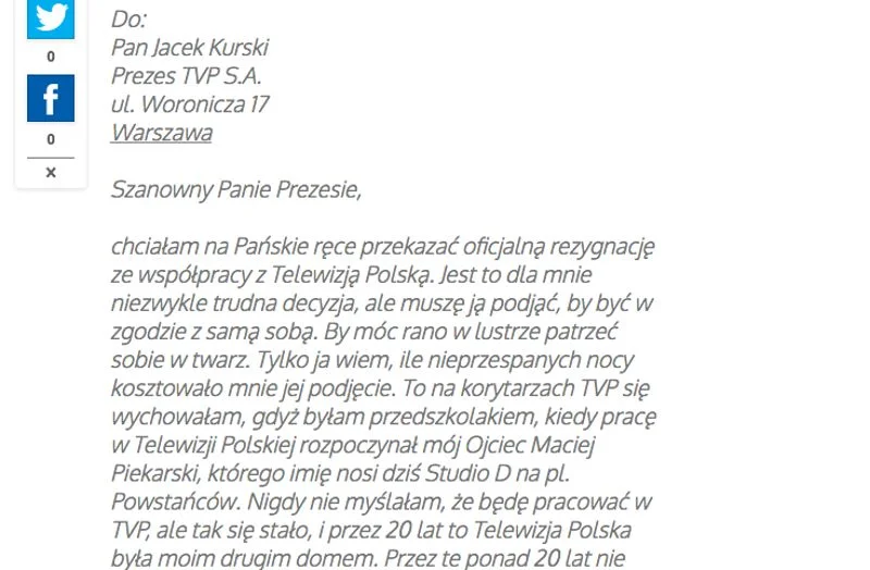 List do prezesa TVP Jacka Kurskiego Małgorzata Piekarska opublikowała na swoim blogu, rozesłała do dziennikarzy i instytucji, z którymi przez lata pracowała