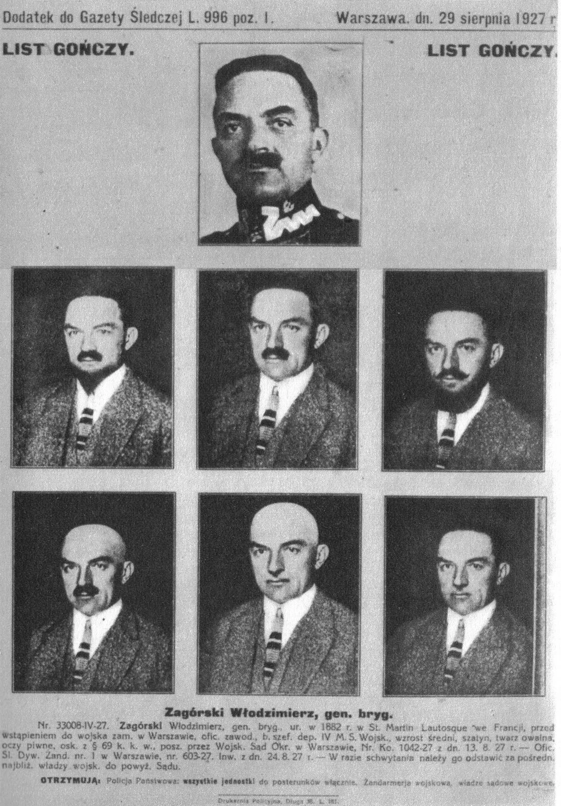 List gończy wystawiony za gen. Zagórskim po jego tajemniczym "zniknięciu".