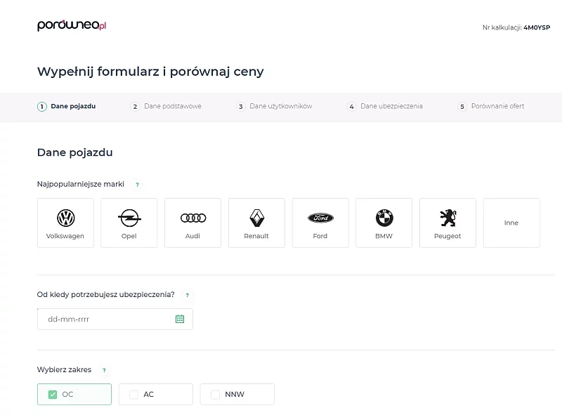 Kalkulator OC dostępny na stronie internetowej Porowneo.pl