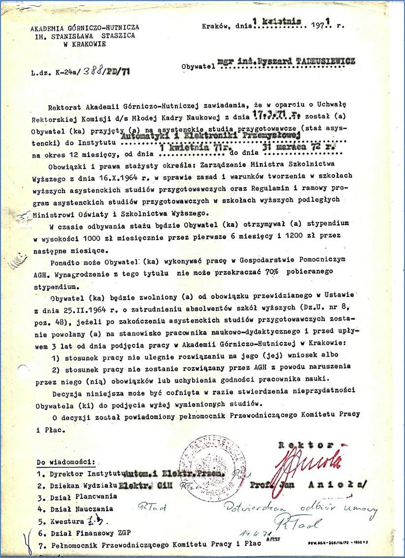 Tym dokumentem 50 lat temu przyjęto mnie do pracy w AGH