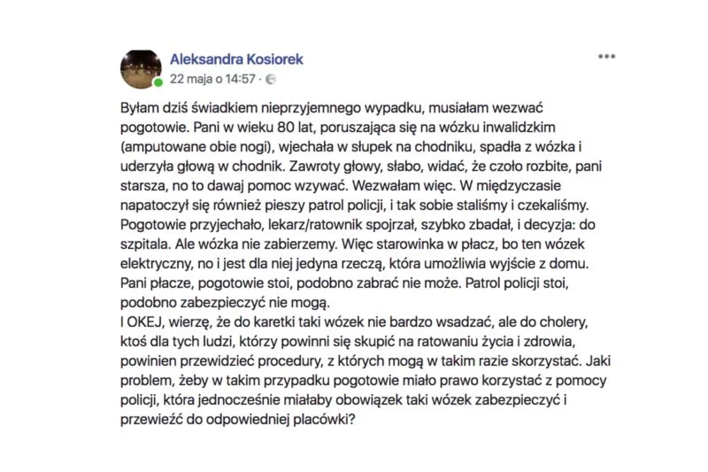 Wypadek 80-latki w Sopocie opisała na Facebooku Aleksandra Kosiorek, która była jego świadkiem i wezwała karetkę do poszkodowanej staruszki.
