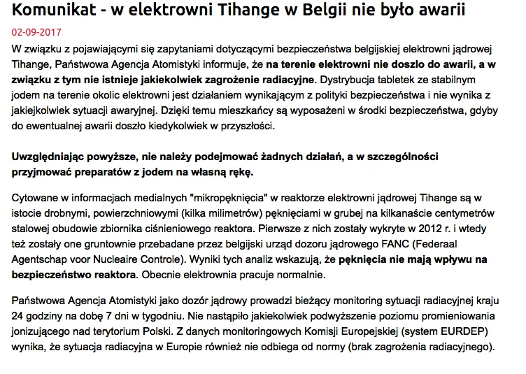 Państwowa Agencja Atomistyki wydała oficjalny komunikat w sprawie elektrowni Tihange w Belgii, podkreślając, że żadnej awarii nie było
