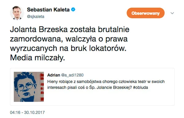 Wpis Sebastiana Kalety o rzekomym milczeniu mediów w sprawie śmierci Jolanty Brzeskiej.