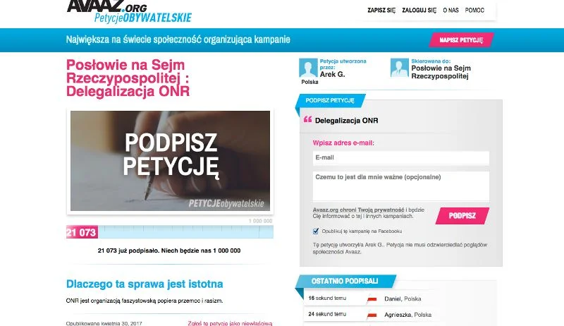"ONR jest organizacją faszystowską popiera przemoc i rasizm" - piszą autorzy petycji