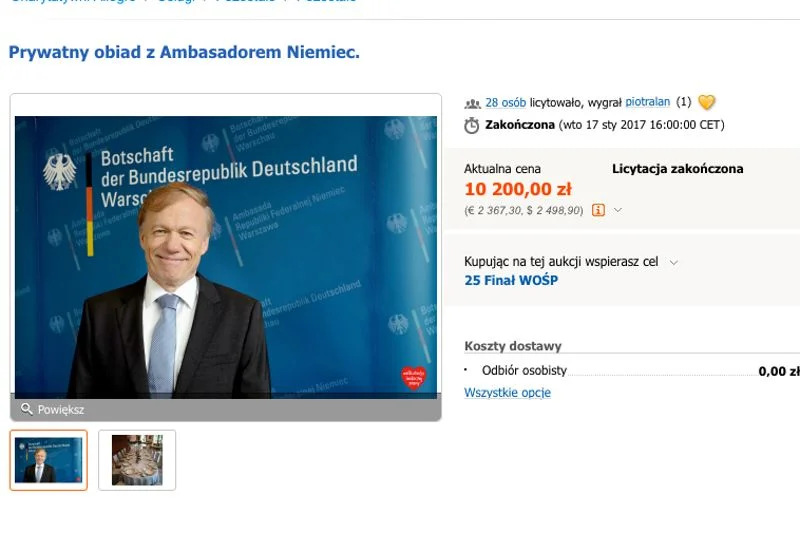 Obiad z ambasadorem Niemiec Rolfem Nikelem za 10 200 zł