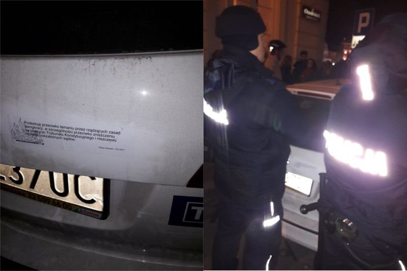 Na aucie TVP pojawiła się antyrządowa naklejka. Musiała "interweniować" policja.