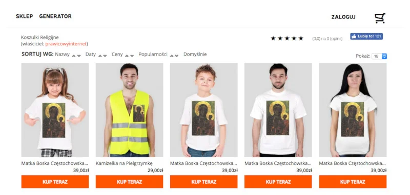 Screen ze strony religijnekoszulki.cupsell.pl
