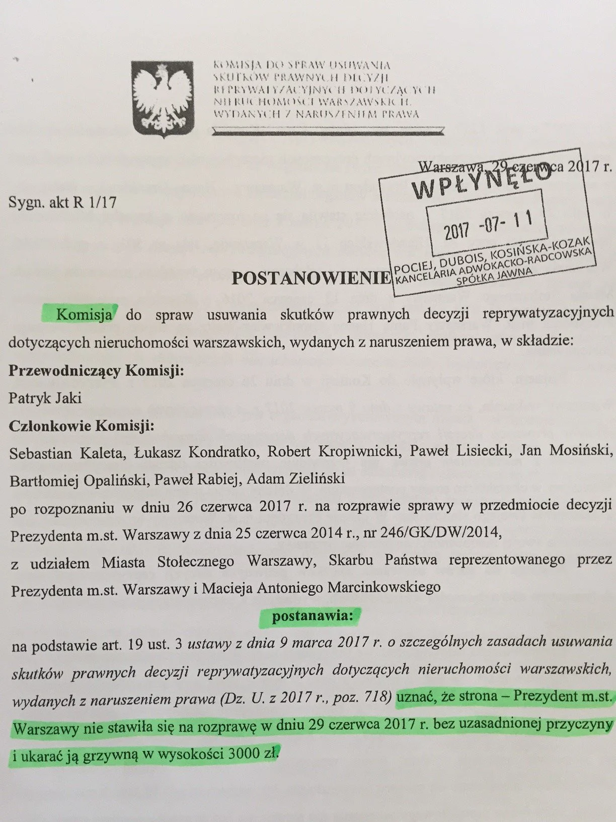 Podkreślone na zielono fragmenty nie pozostawiają złudzeń - Patryk Jaki nie potrafi skutecznie ukarać Hanny Gronkiewicz-Waltz.