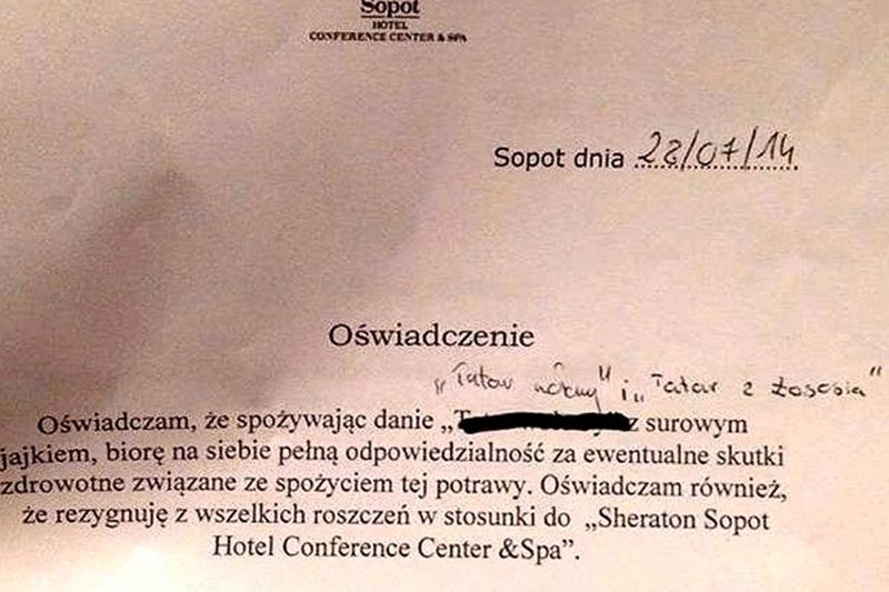 Klient chciał zjeść tatara w Sheratonie, kelnerzy podali mu oświadczenie do podpisania