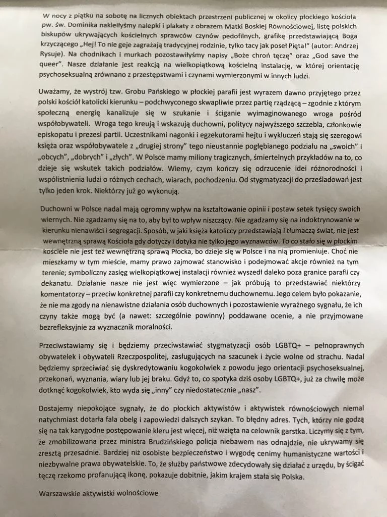 Pełna treść listu Warszawskich Aktywistek Wolnościowych.