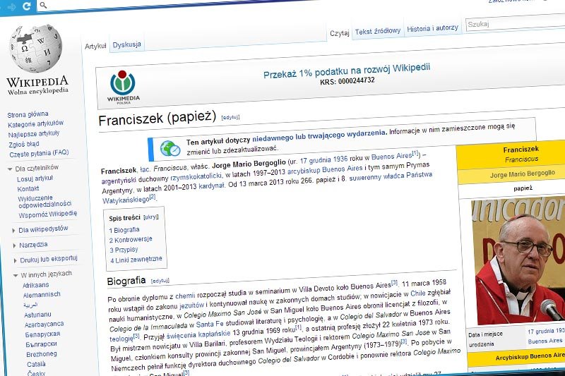 Wikipedia ocenzurowała życiorys papieża Franciszka I przed Polakami?