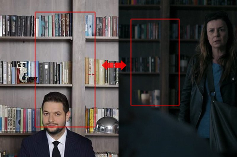 Patryk Jaki siedzi przy biurku, a w tle jego księgozbiór. Tylko czy rzeczywiście jego? Ten sam regał i te same książki wystąpiły w serialu "Pułapka".