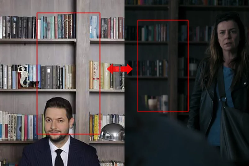 Patryk Jaki siedzi przy biurku, a w tle jego księgozbiór. Tylko czy rzeczywiście jego? Ten sam regał i te same książki wystąpiły w serialu "Pułapka".