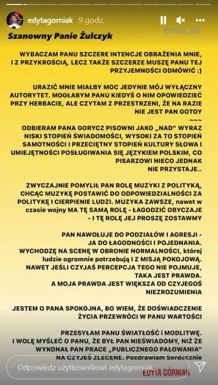 Odpowiedź Edyty Górniak do Jakuba Żulczyka.